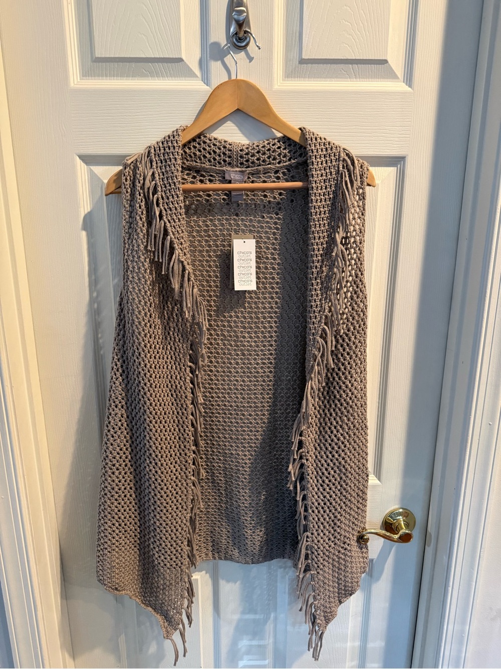 Chico's Open-Weave Fringe Cardigan Shrug in Taupe
